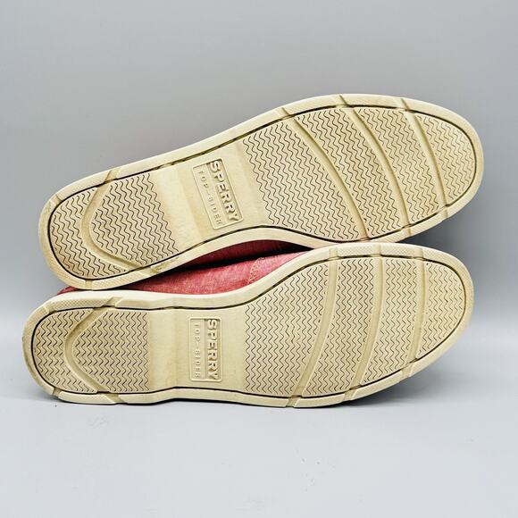 Sperry Top-Sider Shoes Mens 9 Red Fabric Tan Leather Boat Shoes Casual Comfort
